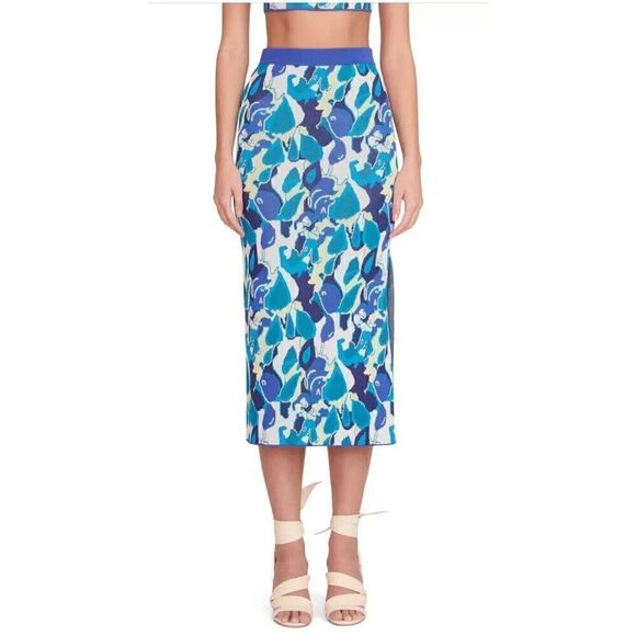STAUD Giovanni Midi Skirt Size L Floral Jacquard Pacific Paradise, NEW NWOT $195 - Picture 2 of 6